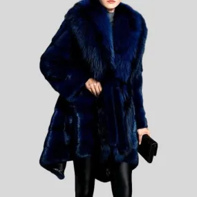 Genuine Mink  Fox Fur Collar Elegant Blue Fur Coat