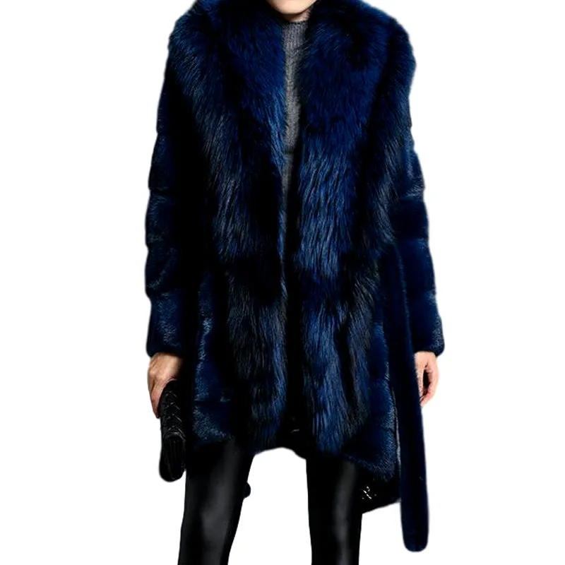 Genuine Mink  Fox Fur Collar Elegant Blue Fur Coat
