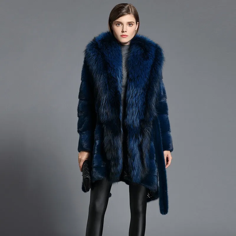 Genuine Mink  Fox Fur Collar Elegant Blue Fur Coat