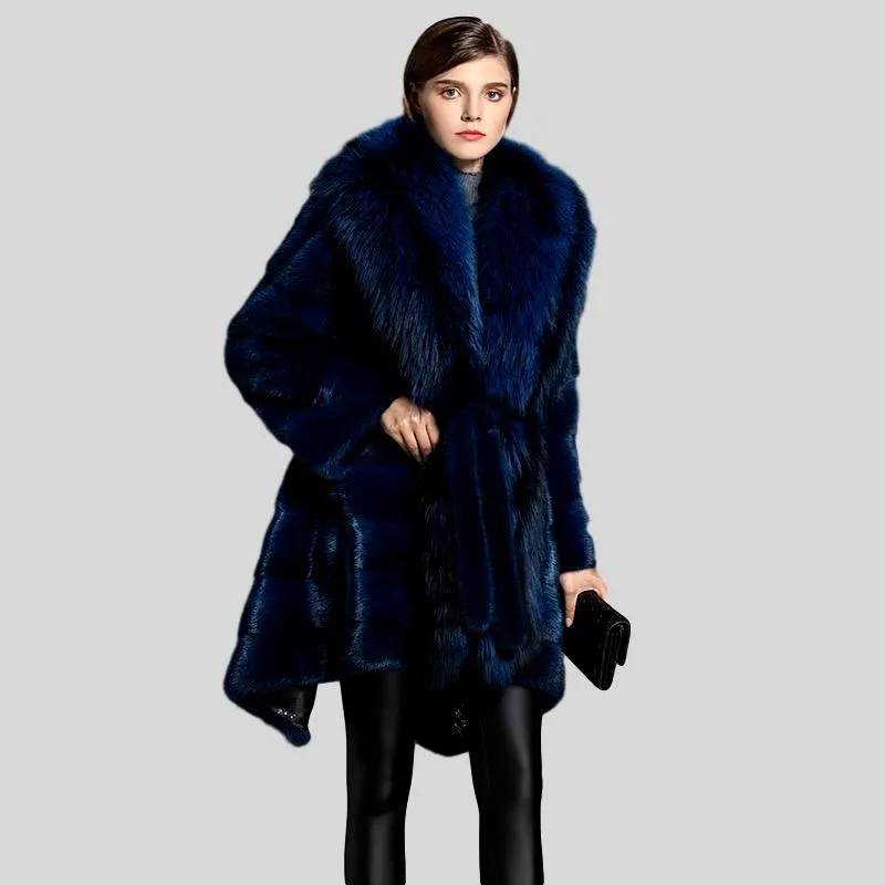 Genuine Mink  Fox Fur Collar Elegant Blue Fur Coat
