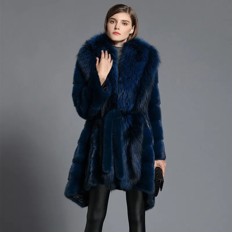 Genuine Mink  Fox Fur Collar Elegant Blue Fur Coat