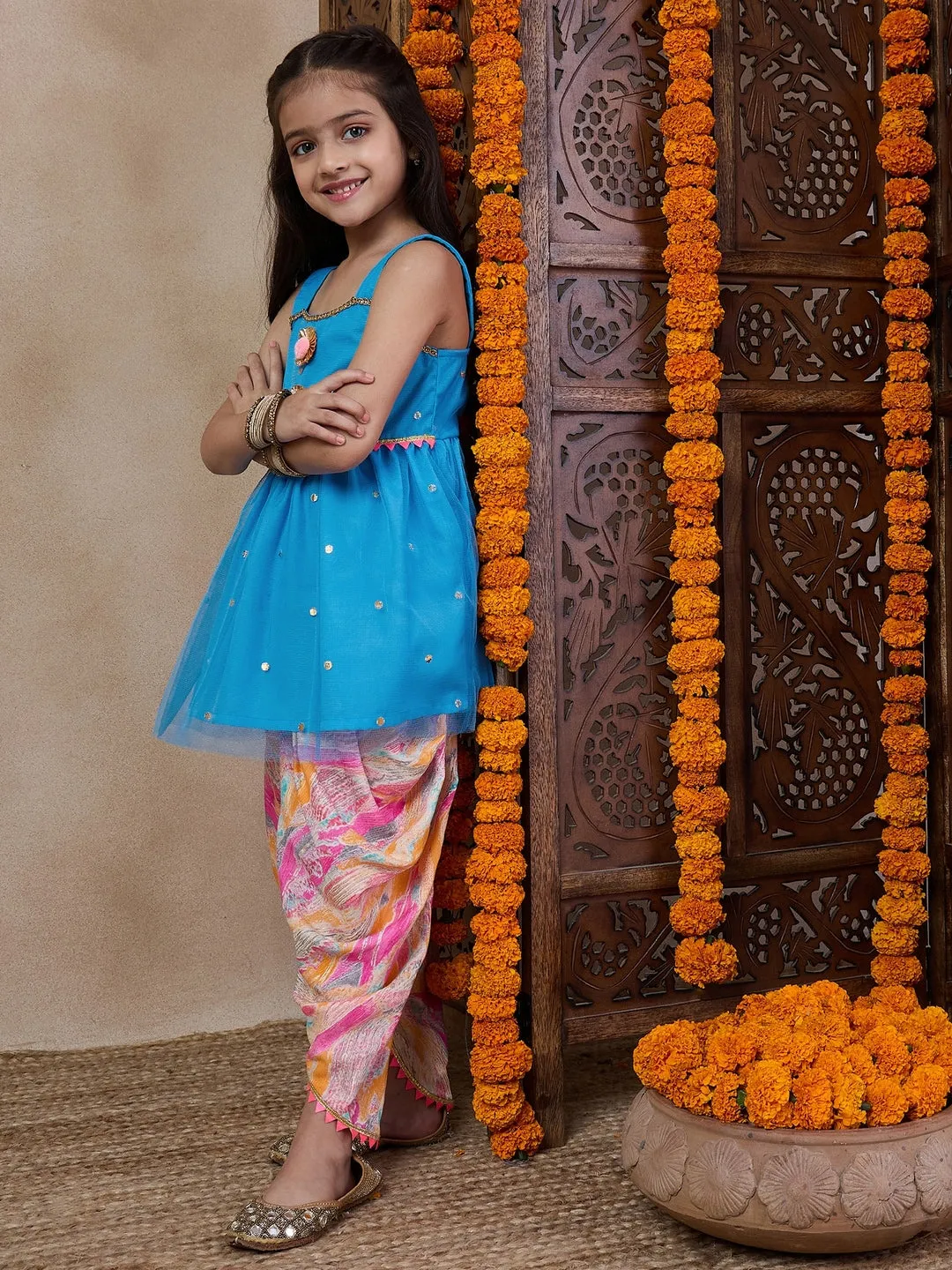 Girls Ethnic Motifs Embroidered Regular Kurti With Dhoti Pants (DH-BLUEFOILTIKLI)