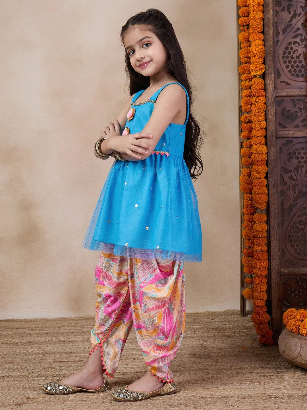 Girls Ethnic Motifs Embroidered Regular Kurti With Dhoti Pants (DH-BLUEFOILTIKLI)