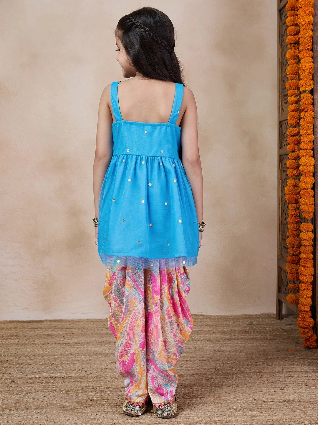 Girls Ethnic Motifs Embroidered Regular Kurti With Dhoti Pants (DH-BLUEFOILTIKLI)
