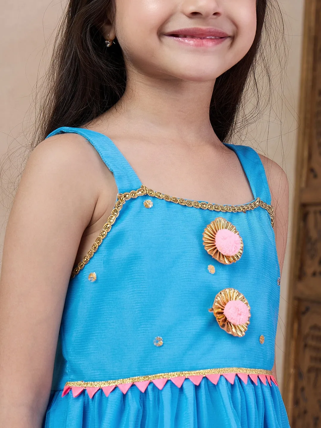 Girls Ethnic Motifs Embroidered Regular Kurti With Dhoti Pants (DH-BLUEFOILTIKLI)