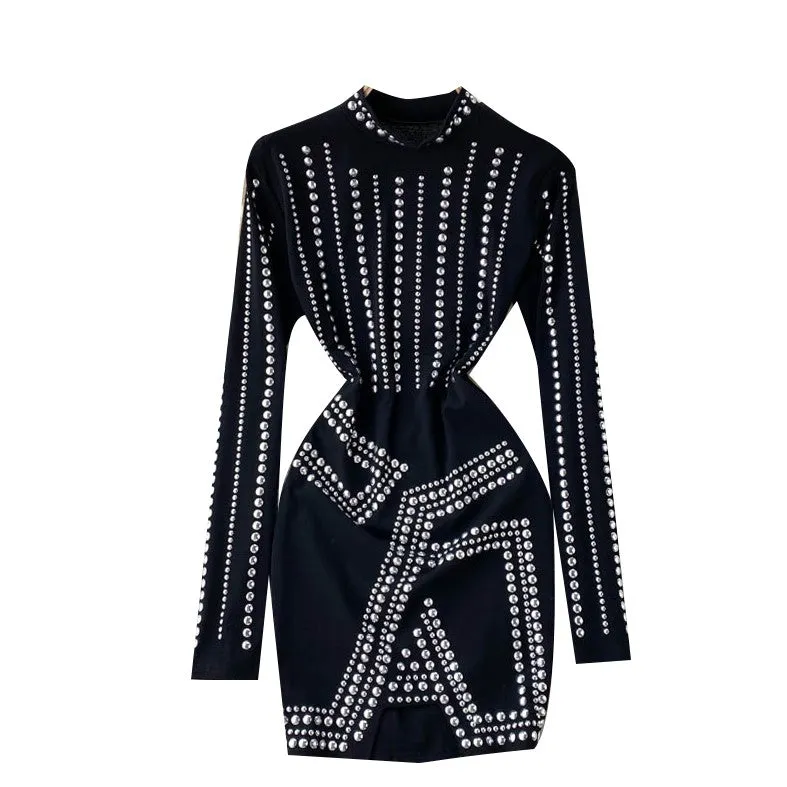 High class chic women's diamond sexy hip-covering dress