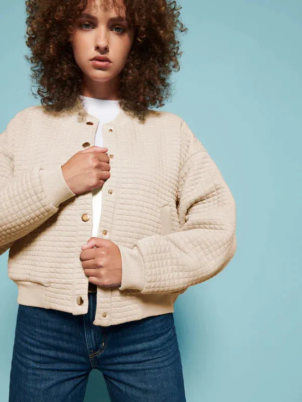 Ivory Quilted Bomber Jacket