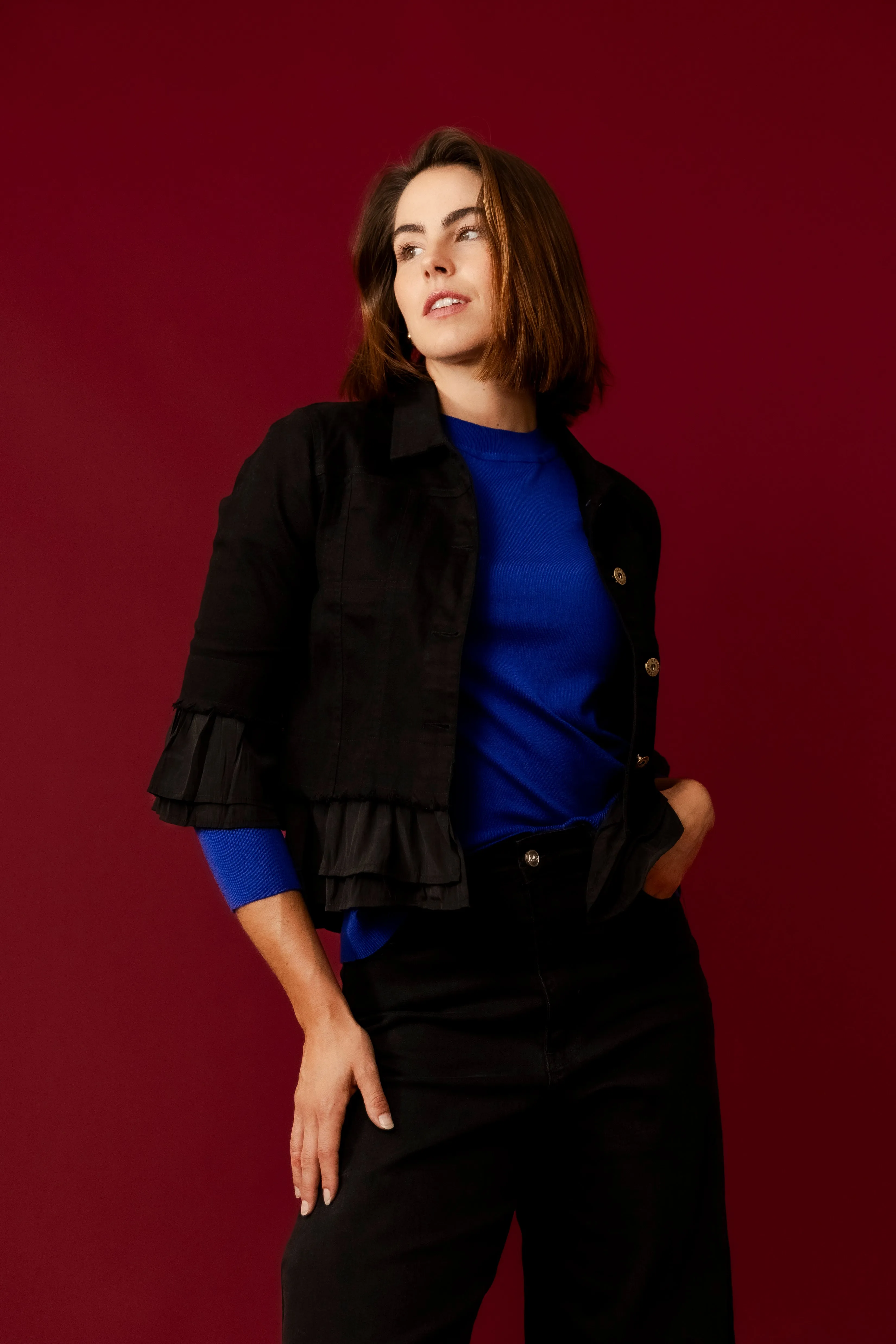 LEELA Black  Ruffle Crop Jacket