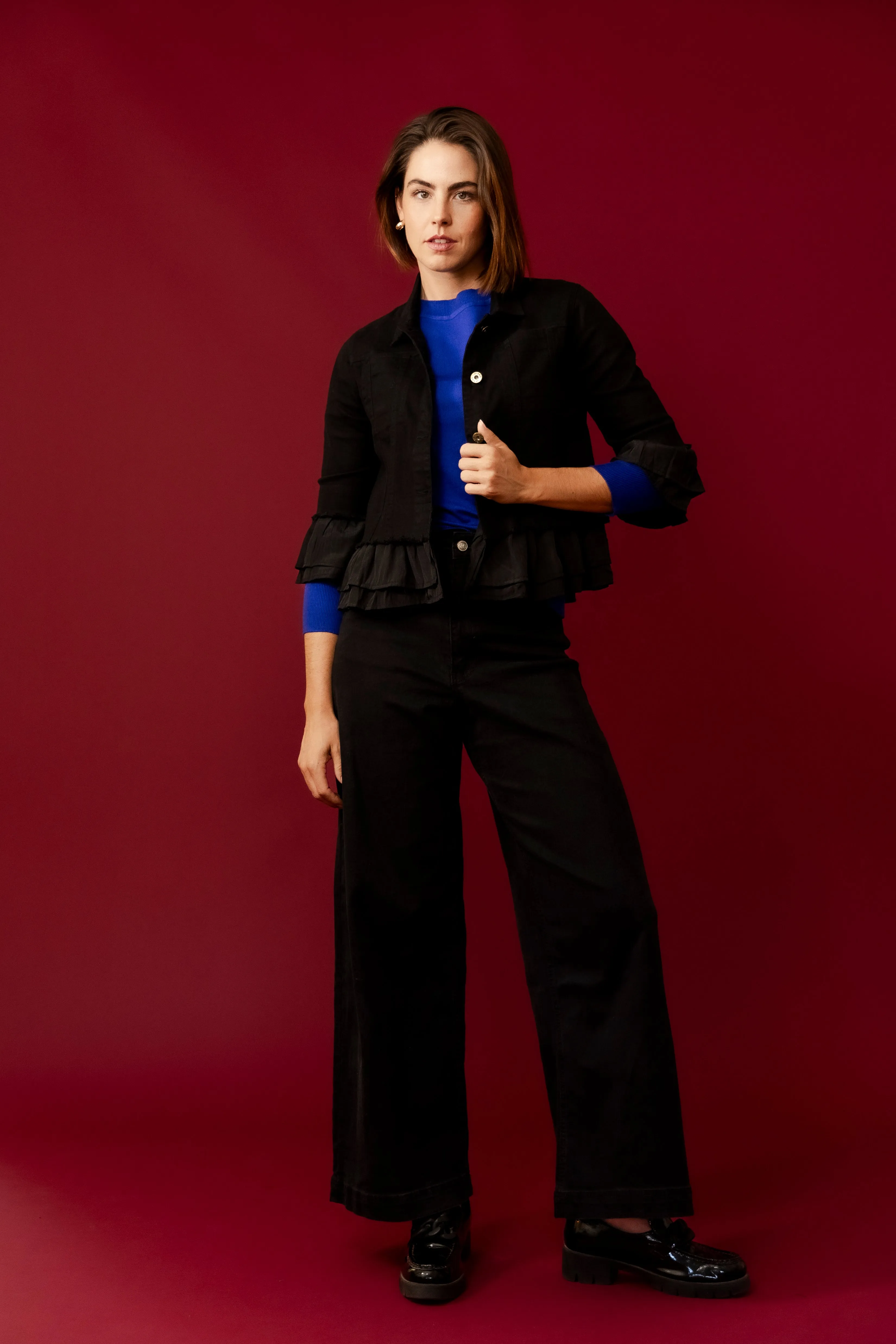 LEELA Black  Ruffle Crop Jacket