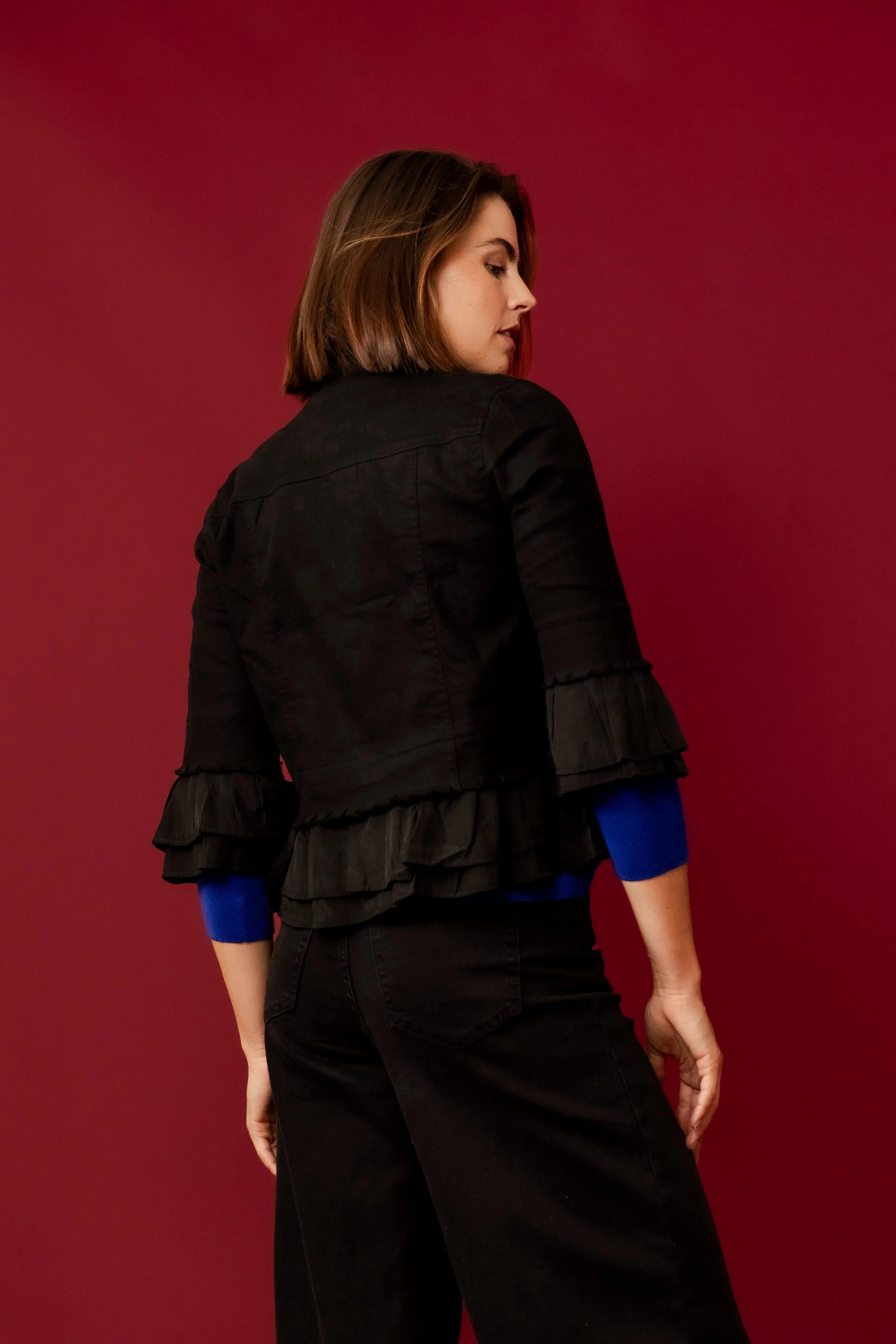 LEELA Black  Ruffle Crop Jacket