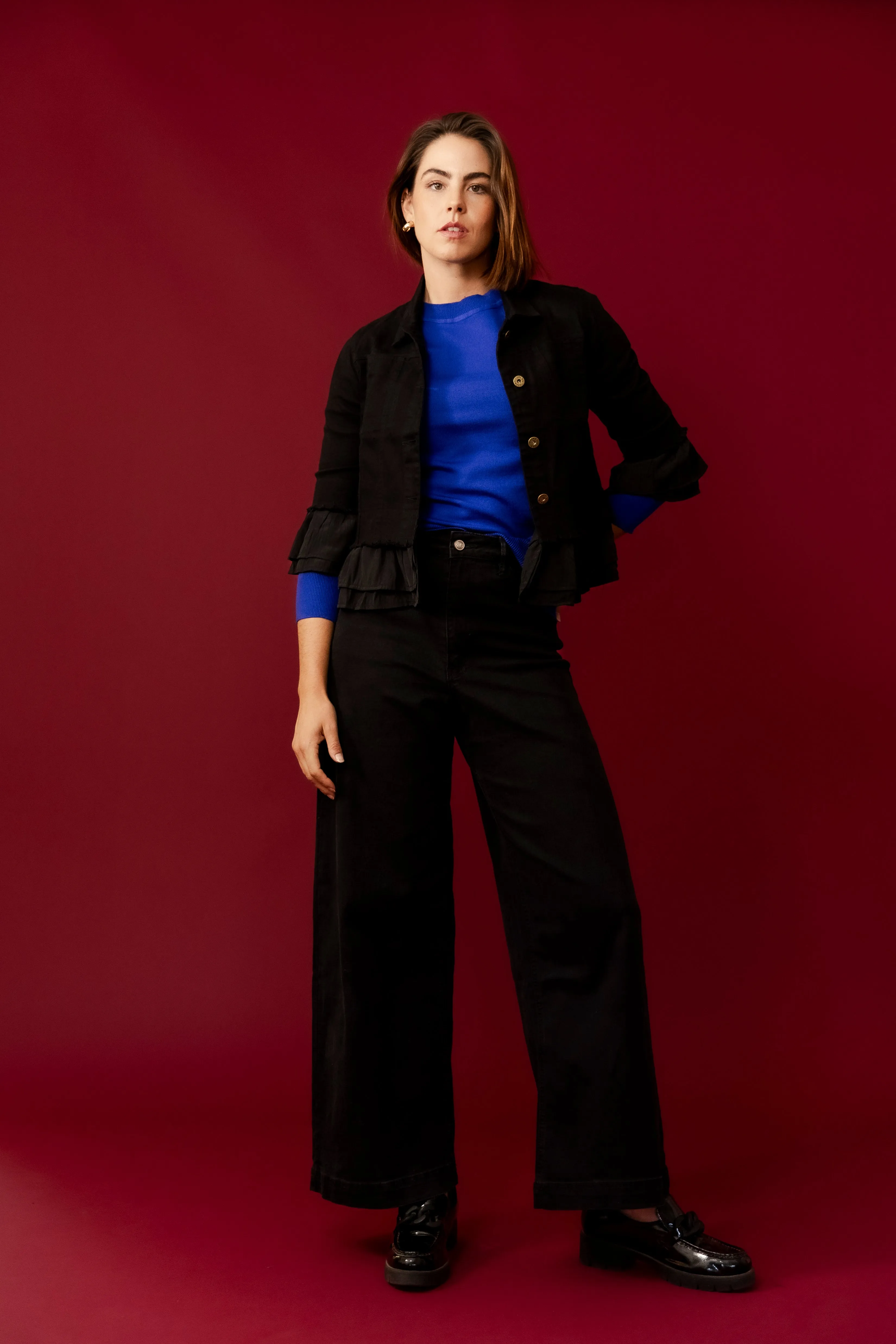 LEELA Black  Ruffle Crop Jacket