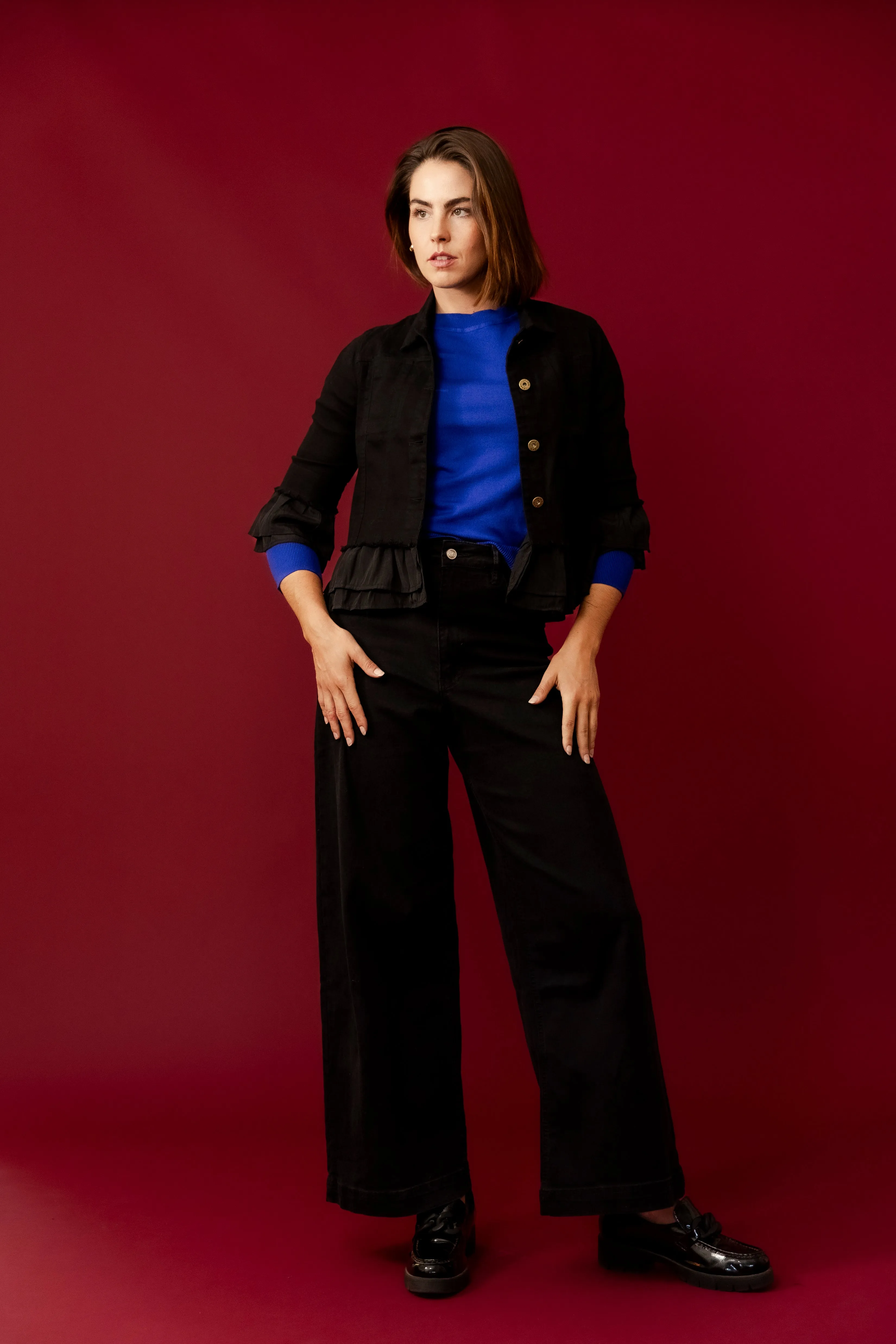 LEELA Black  Ruffle Crop Jacket