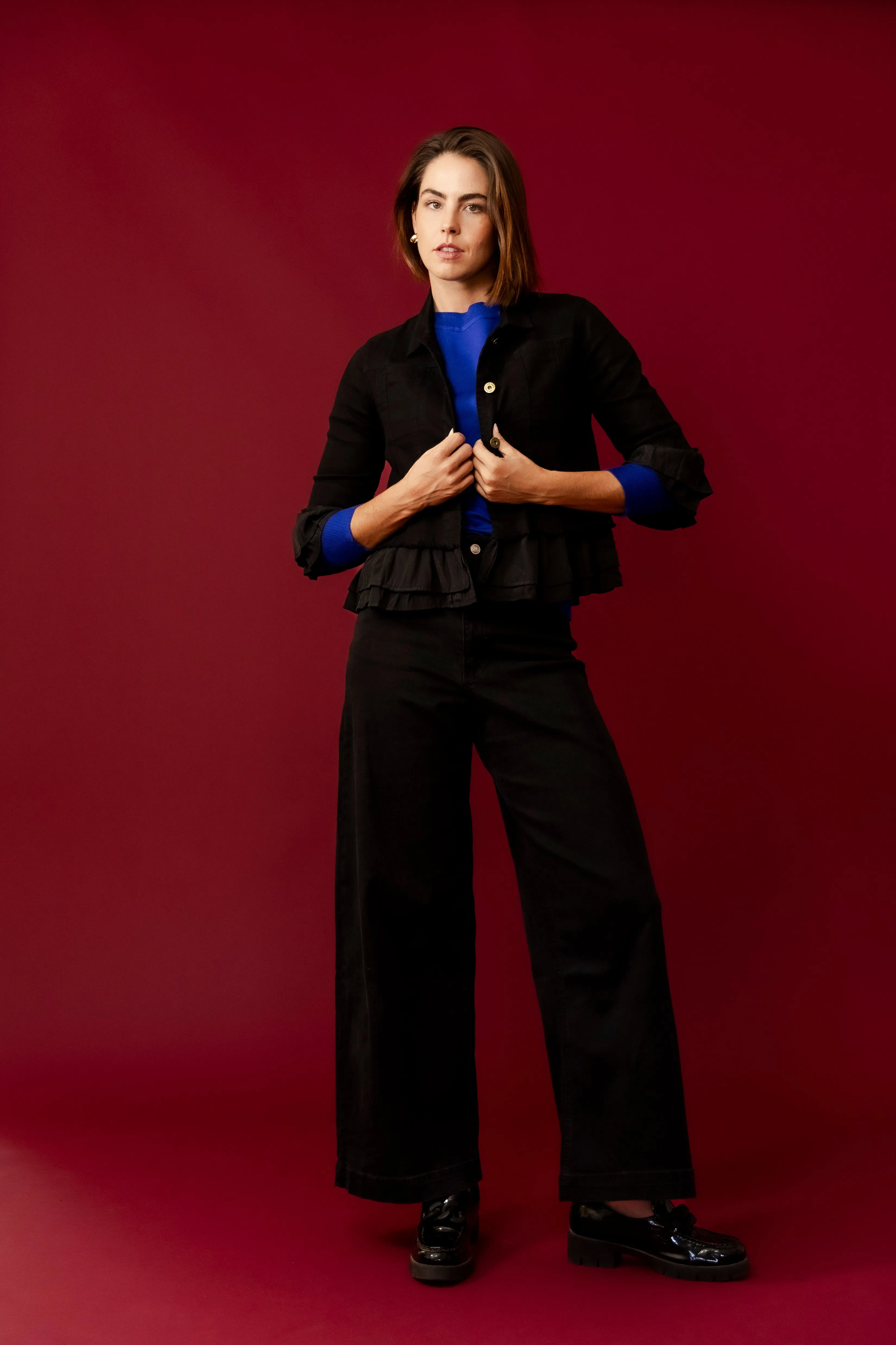 LEELA Black  Ruffle Crop Jacket