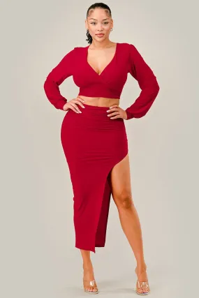 Long Sleeve and Side Slit Midi Skirt Set