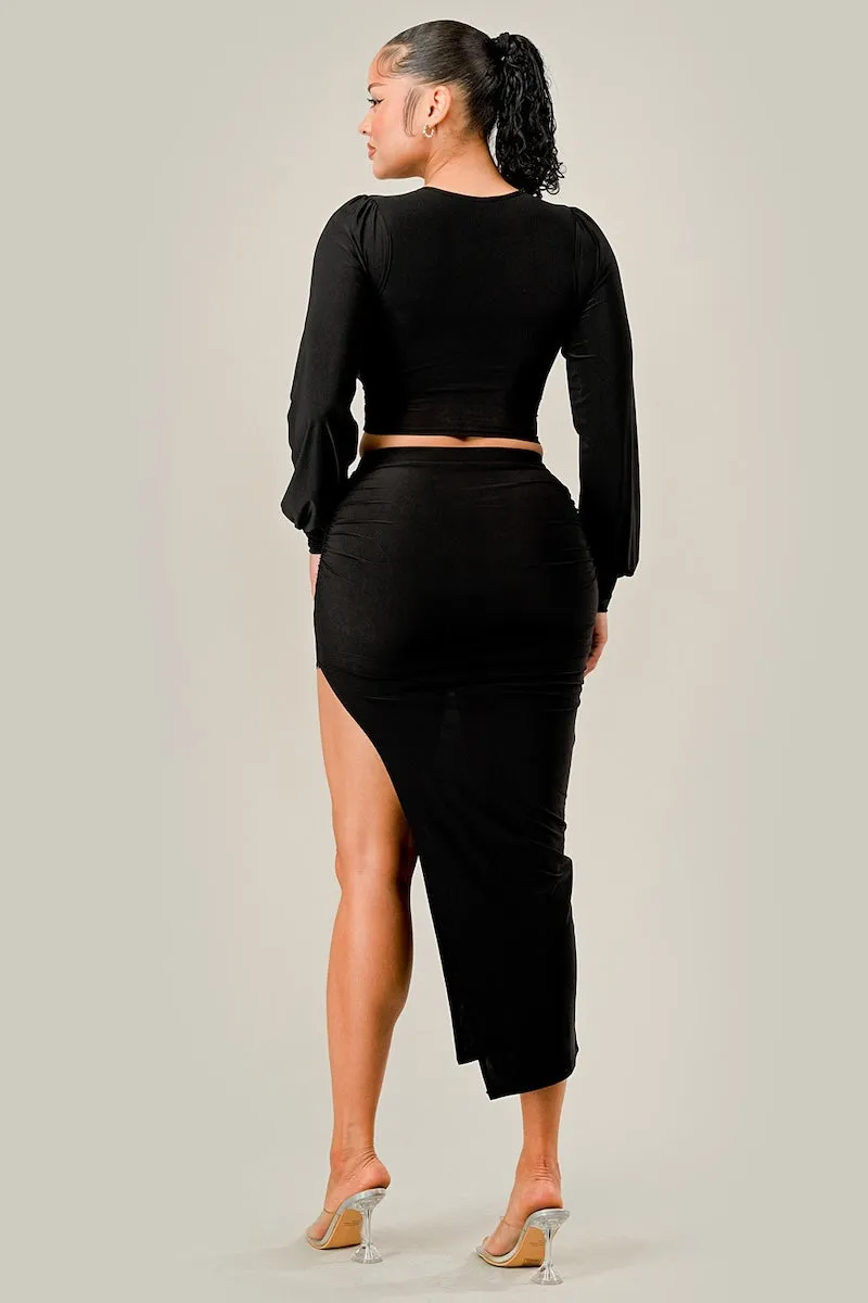 Long Sleeve and Side Slit Midi Skirt Set