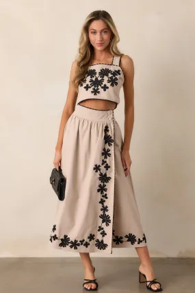 Lovely Blooms Taupe Embroidered Floral Midi Skirt