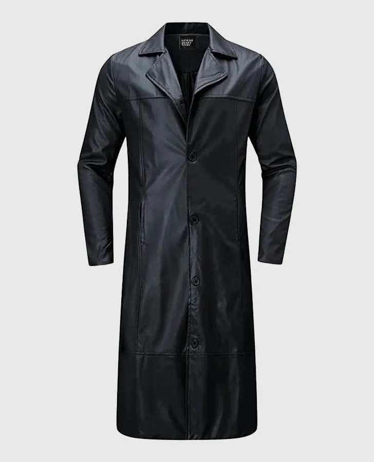 Men's Black Leather Long Coat