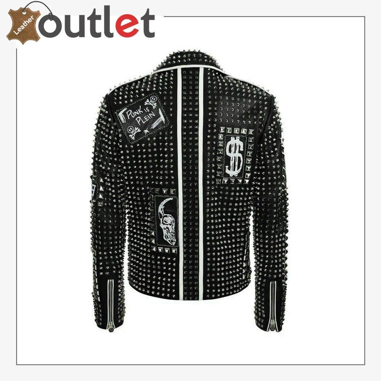 Mens Punk Biker Full Black Studded Embroidery Patches Leather Jacket