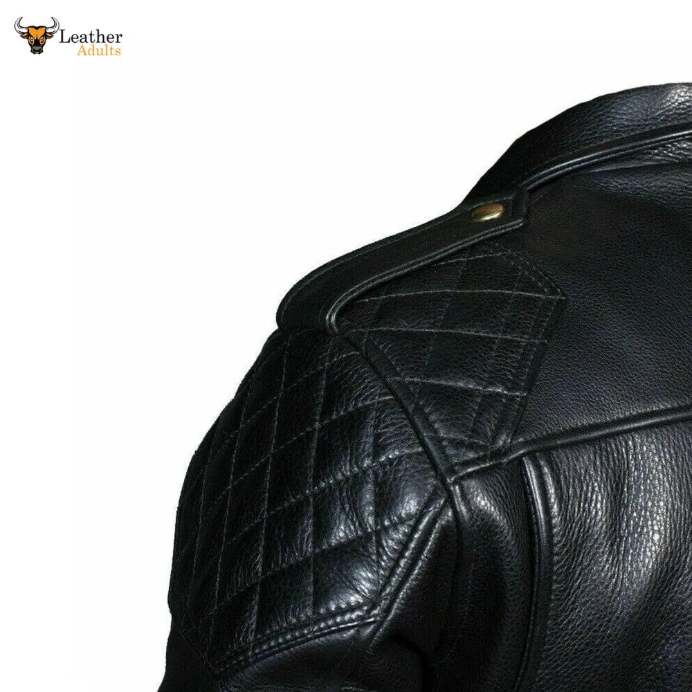 Men's Real Leather Quilted Panels Bikers Jacket Thick Cow Leather Bikers Jacket
