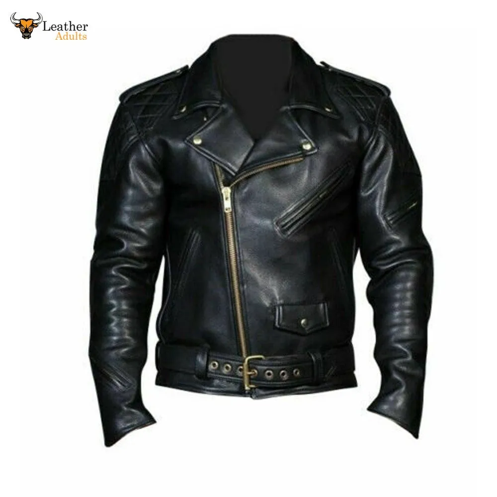 Men's Real Leather Quilted Panels Bikers Jacket Thick Cow Leather Bikers Jacket