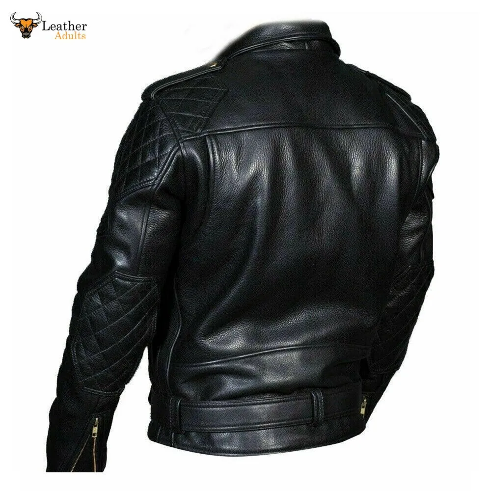 Men's Real Leather Quilted Panels Bikers Jacket Thick Cow Leather Bikers Jacket