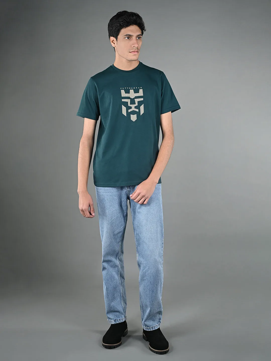 Men's Super Combed Cotton Teal Green Regular Fit Half Sleeve Round Neck T-Shirt