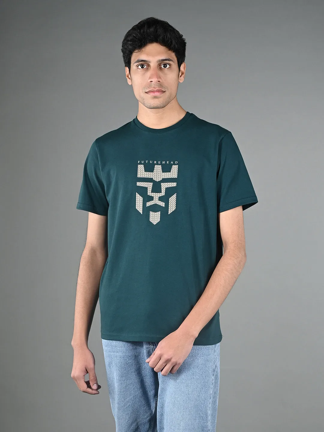 Men's Super Combed Cotton Teal Green Regular Fit Half Sleeve Round Neck T-Shirt