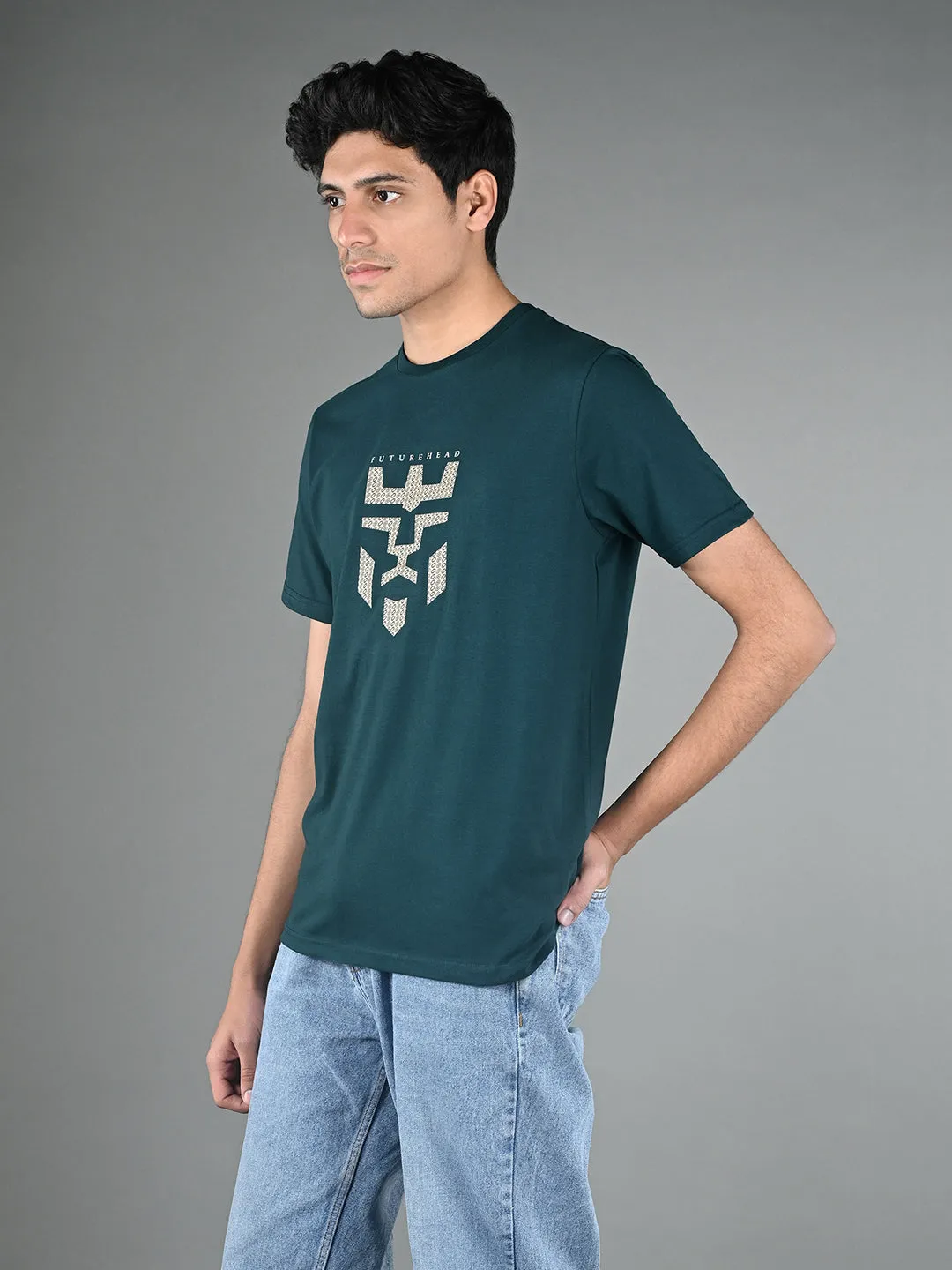 Men's Super Combed Cotton Teal Green Regular Fit Half Sleeve Round Neck T-Shirt