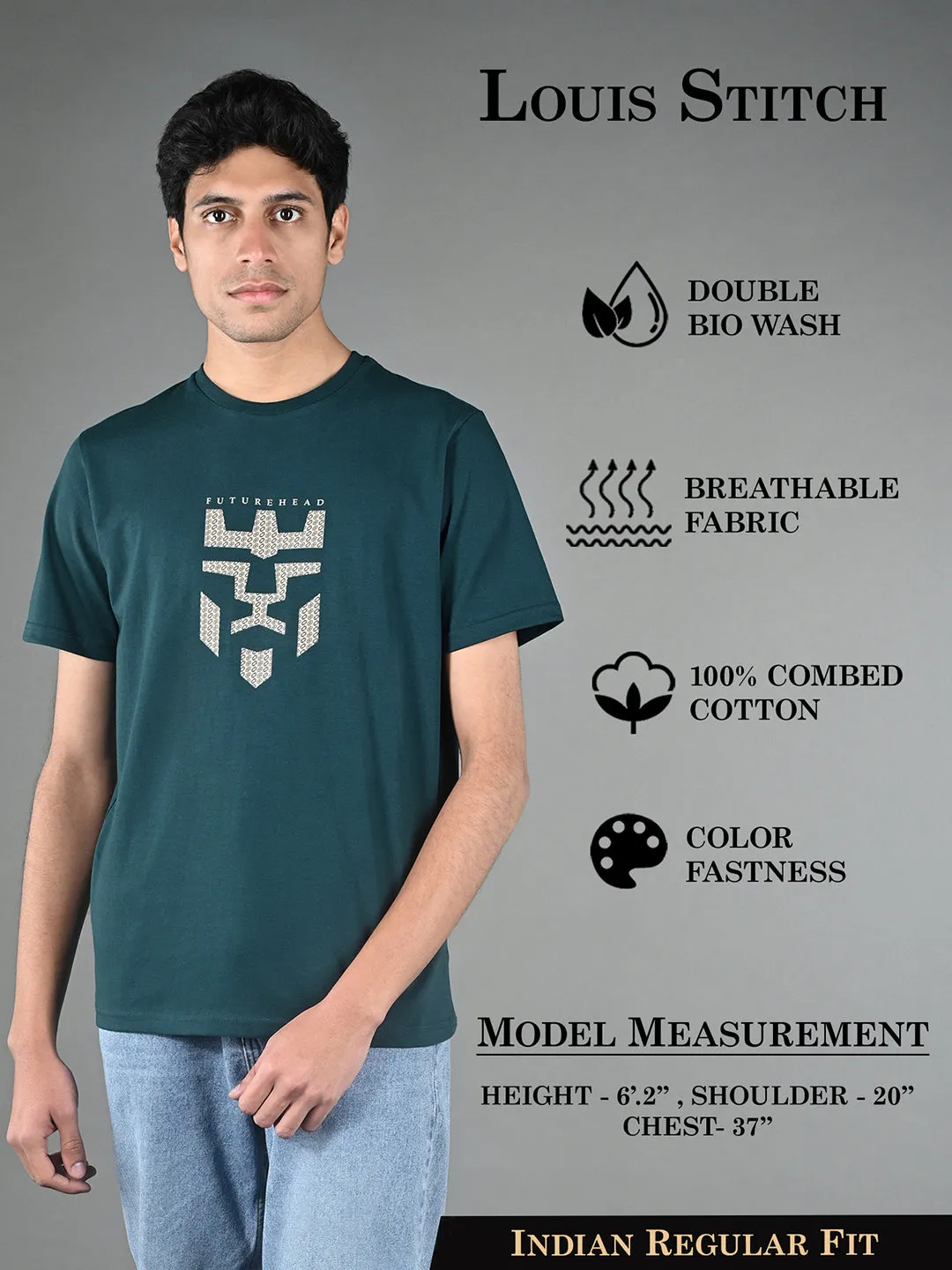 Men's Super Combed Cotton Teal Green Regular Fit Half Sleeve Round Neck T-Shirt