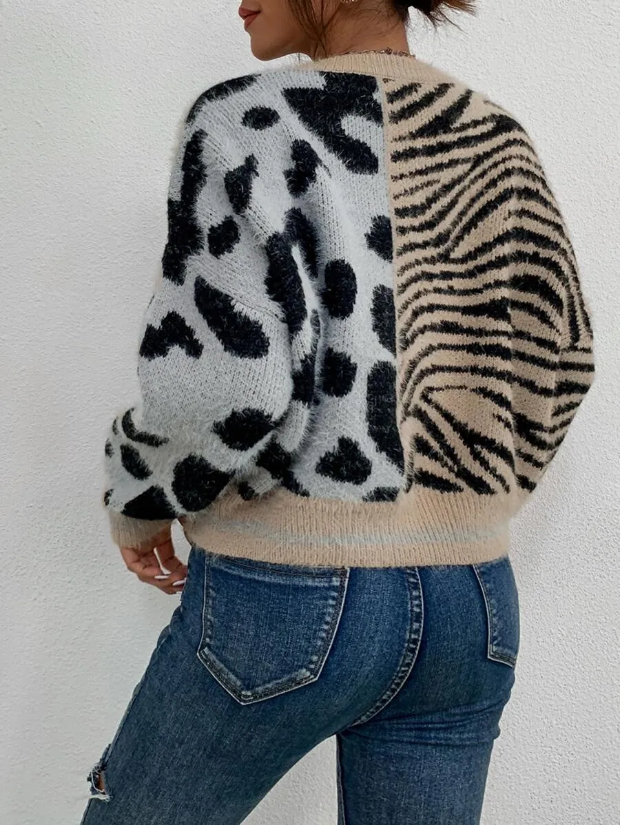 Monaco Zebra Striped And Cow Fluffy Knit Jumper
