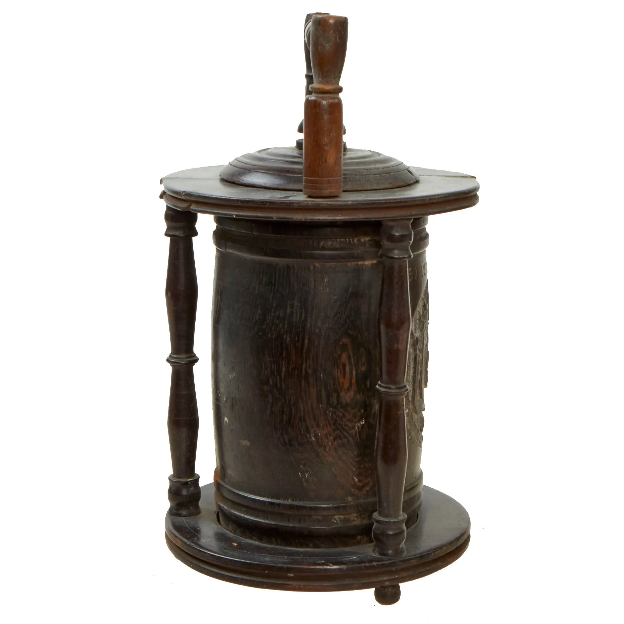 Original Prisoner of War Boer Wars Carved “Trench Art” Wooden Tobacco Humidor Barrels Carved by Boer Prisoner, Diyatalawa Ceylon Camp, As Featured In The Book “Trench Art, An Illustrated History” by Jane Kimball on Page 21 - 2 Items