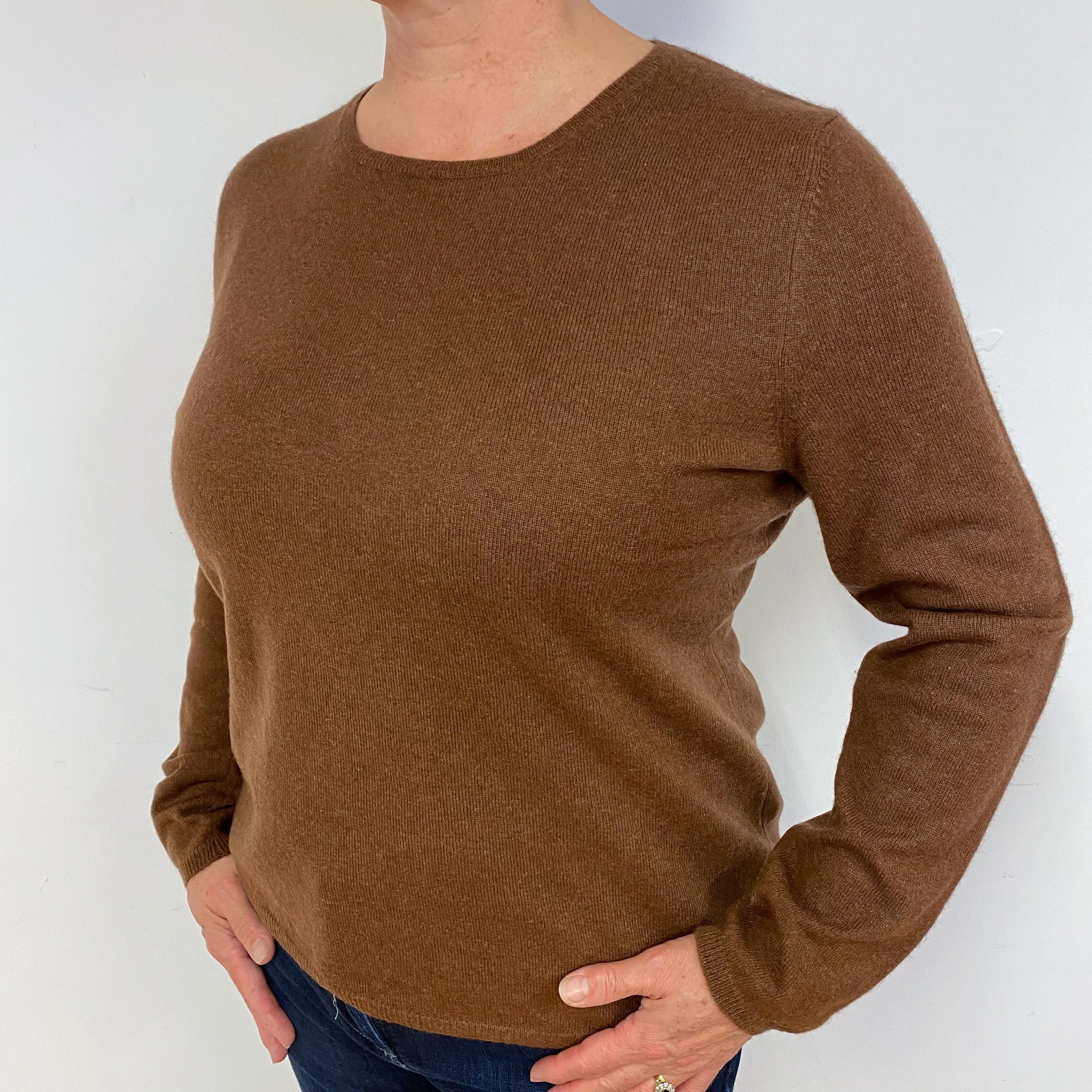 Pecan Brown Cashmere Crew Neck Jumper Large