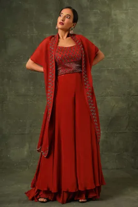 Red Ajrakh Embroidered Blouse, Pant & Cape Dupatta Set