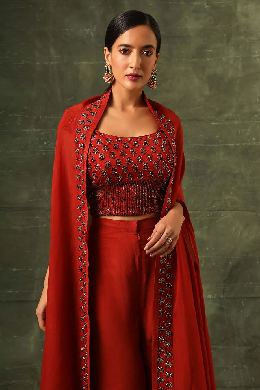 Red Ajrakh Embroidered Blouse, Pant & Cape Dupatta Set