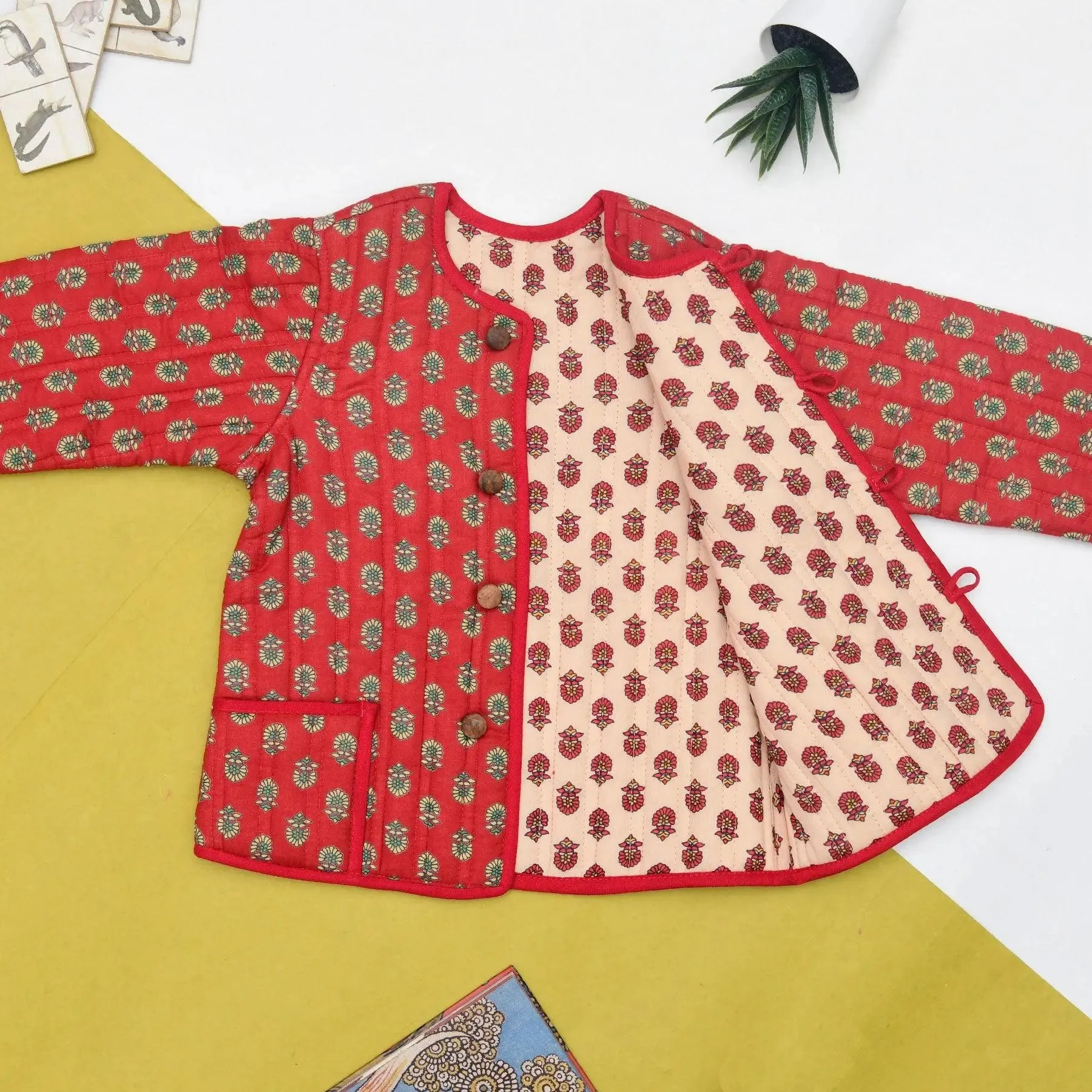Red and Beige Quilted 100% Cotton Reversible Full Sleeve Jacket Unisex (0-12 Years)