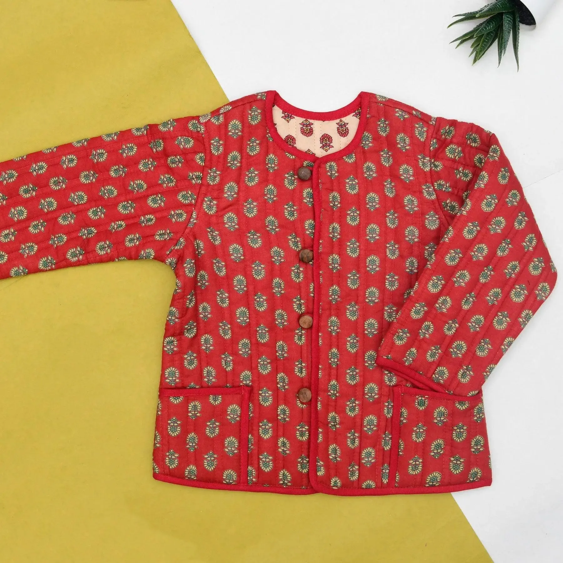 Red and Beige Quilted 100% Cotton Reversible Full Sleeve Jacket Unisex (0-12 Years)