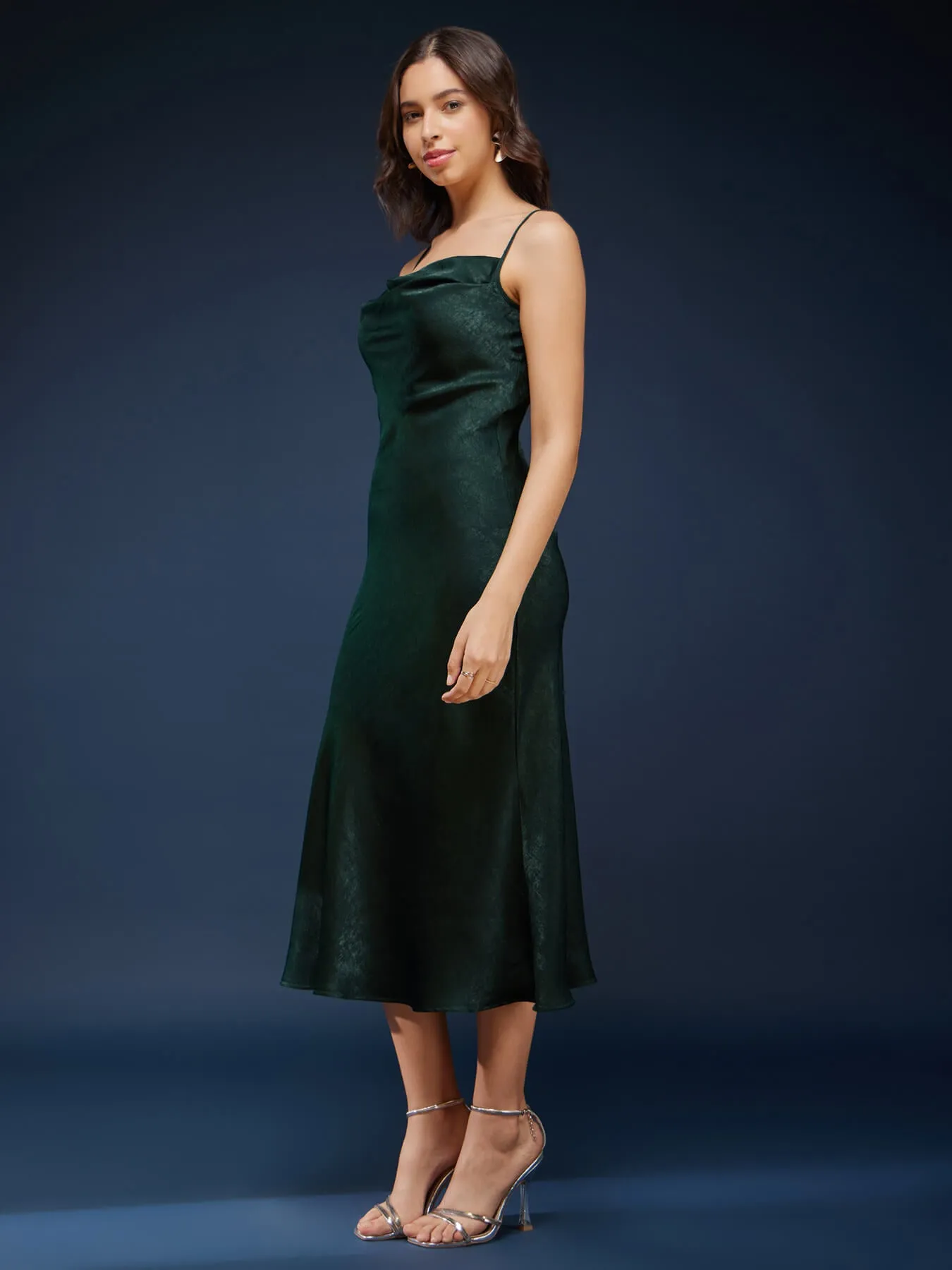 Satin Cowl Neck Slip Dress - Olive