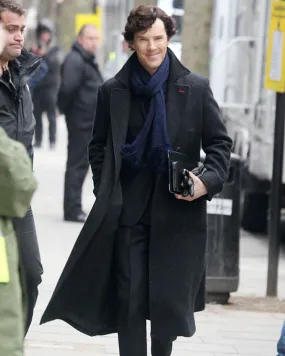 Sherlock Holmes Black Wool Trench Coat Long Classic Overcoat for Men