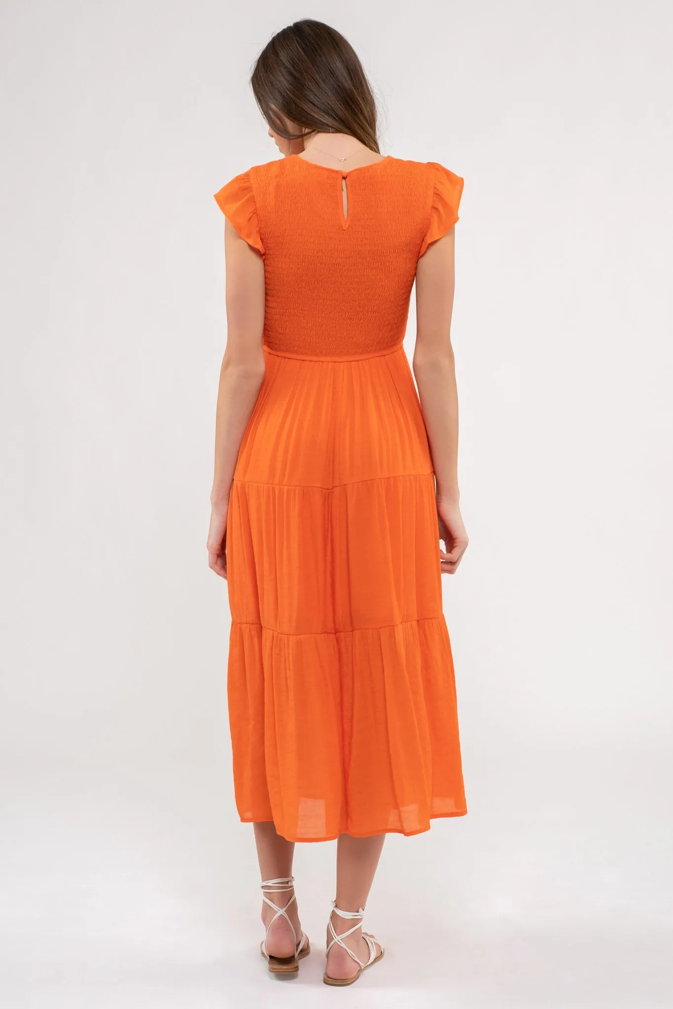 SMOCKED TIERED MIDI DRESS