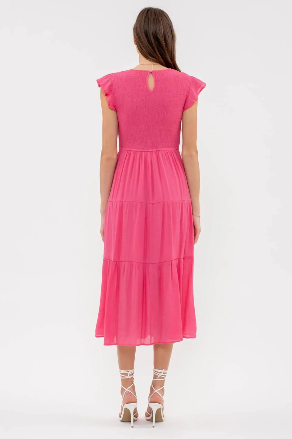 SMOCKED TIERED MIDI DRESS