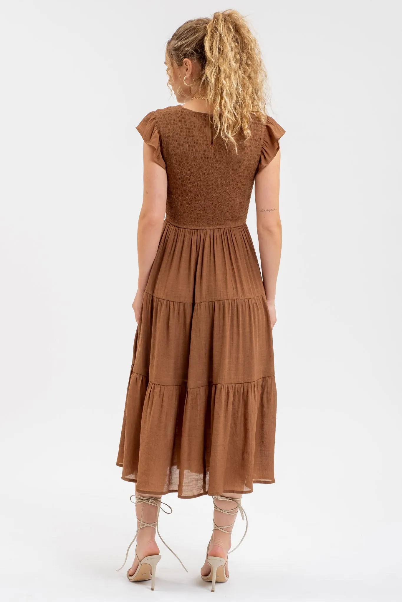 SMOCKED TIERED MIDI DRESS