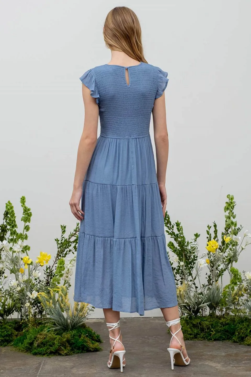 SMOCKED TIERED MIDI DRESS