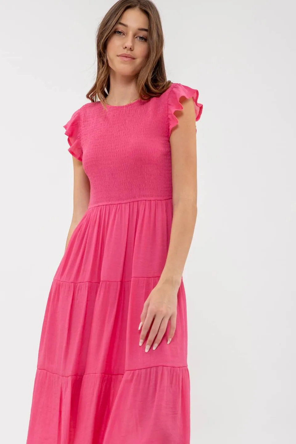 SMOCKED TIERED MIDI DRESS
