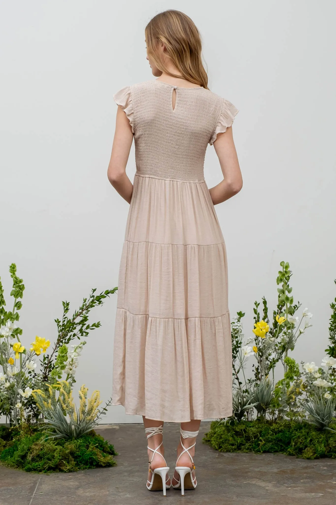 SMOCKED TIERED MIDI DRESS