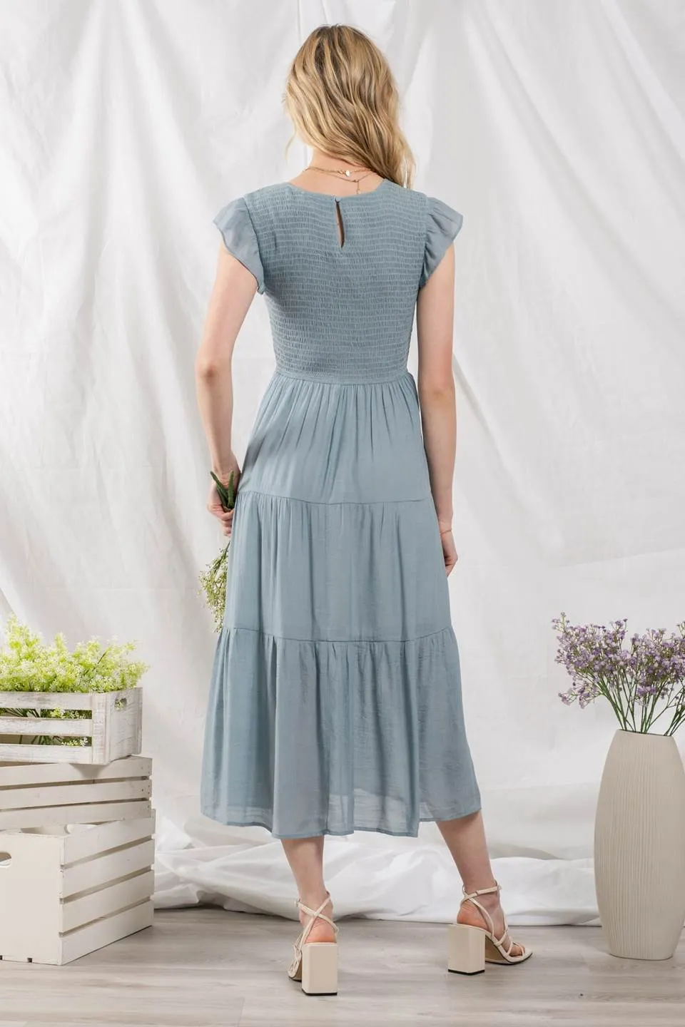 SMOCKED TIERED MIDI DRESS