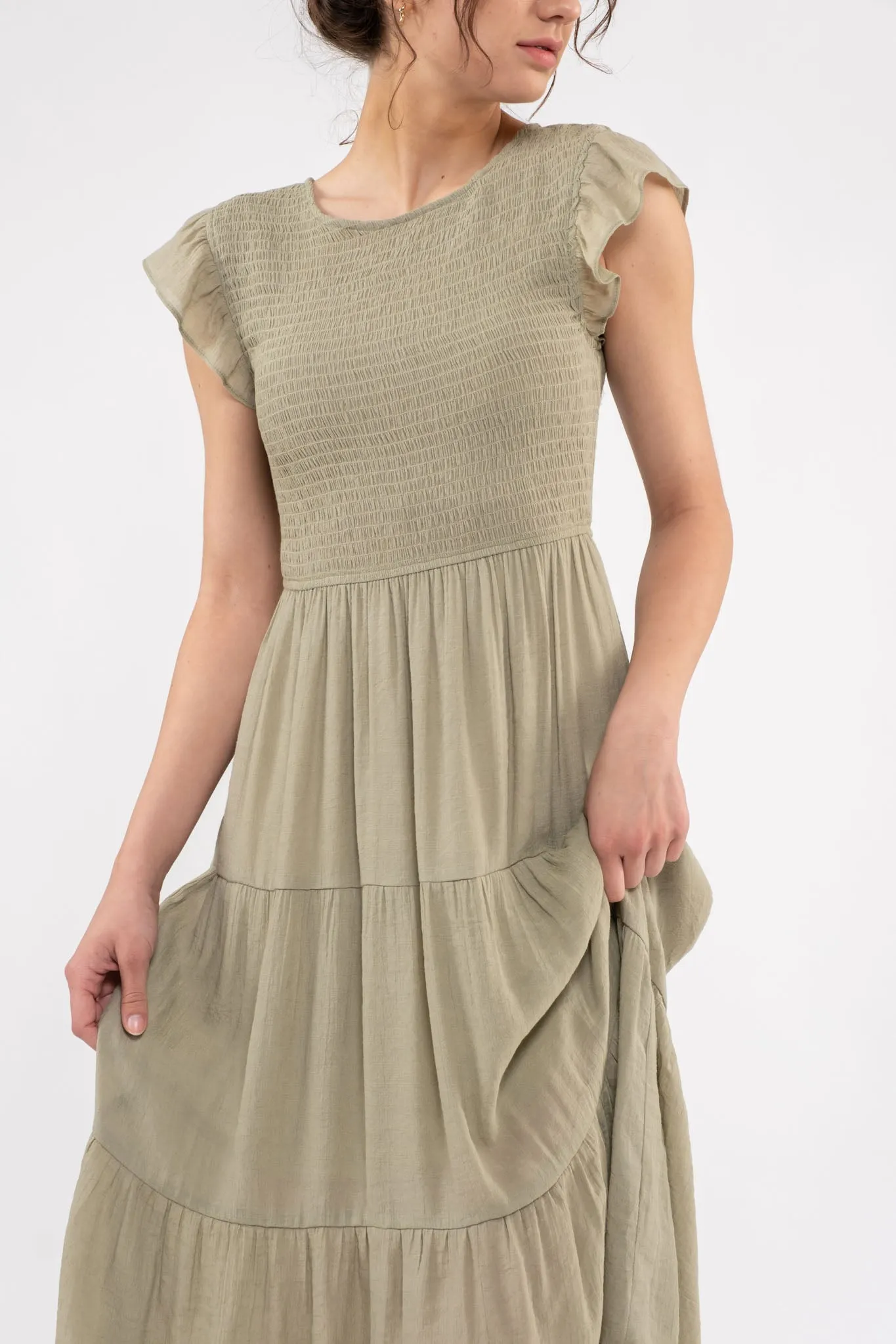 SMOCKED TIERED MIDI DRESS