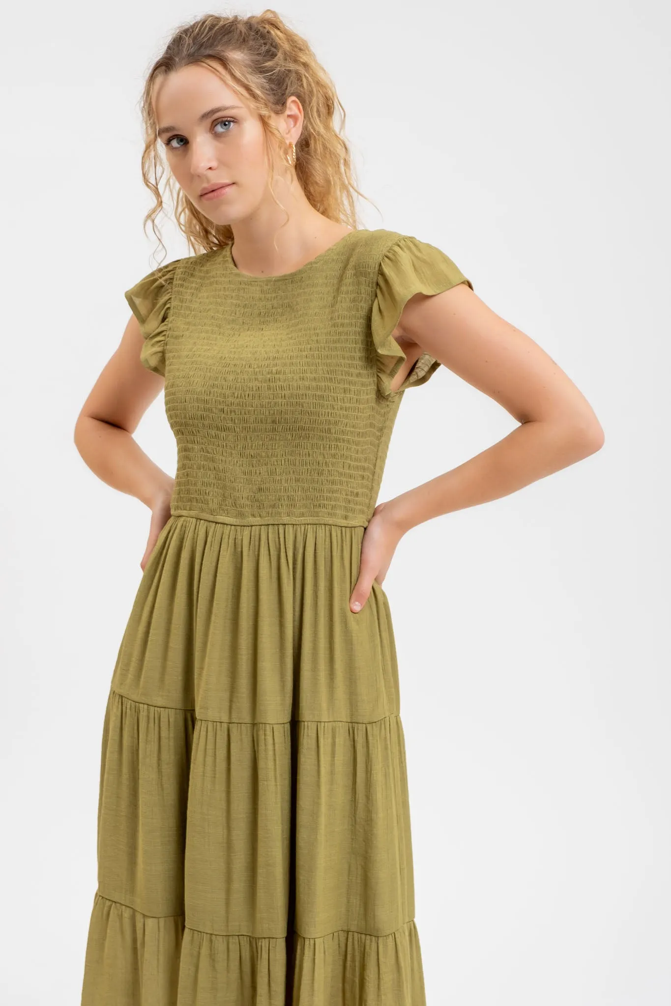 SMOCKED TIERED MIDI DRESS