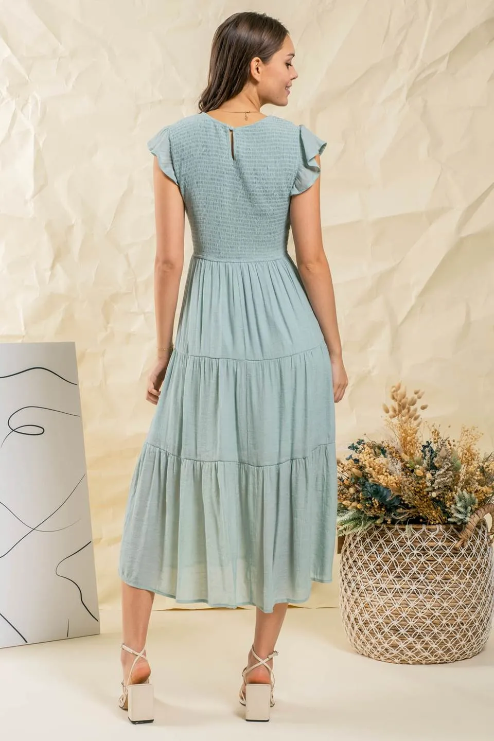 SMOCKED TIERED MIDI DRESS