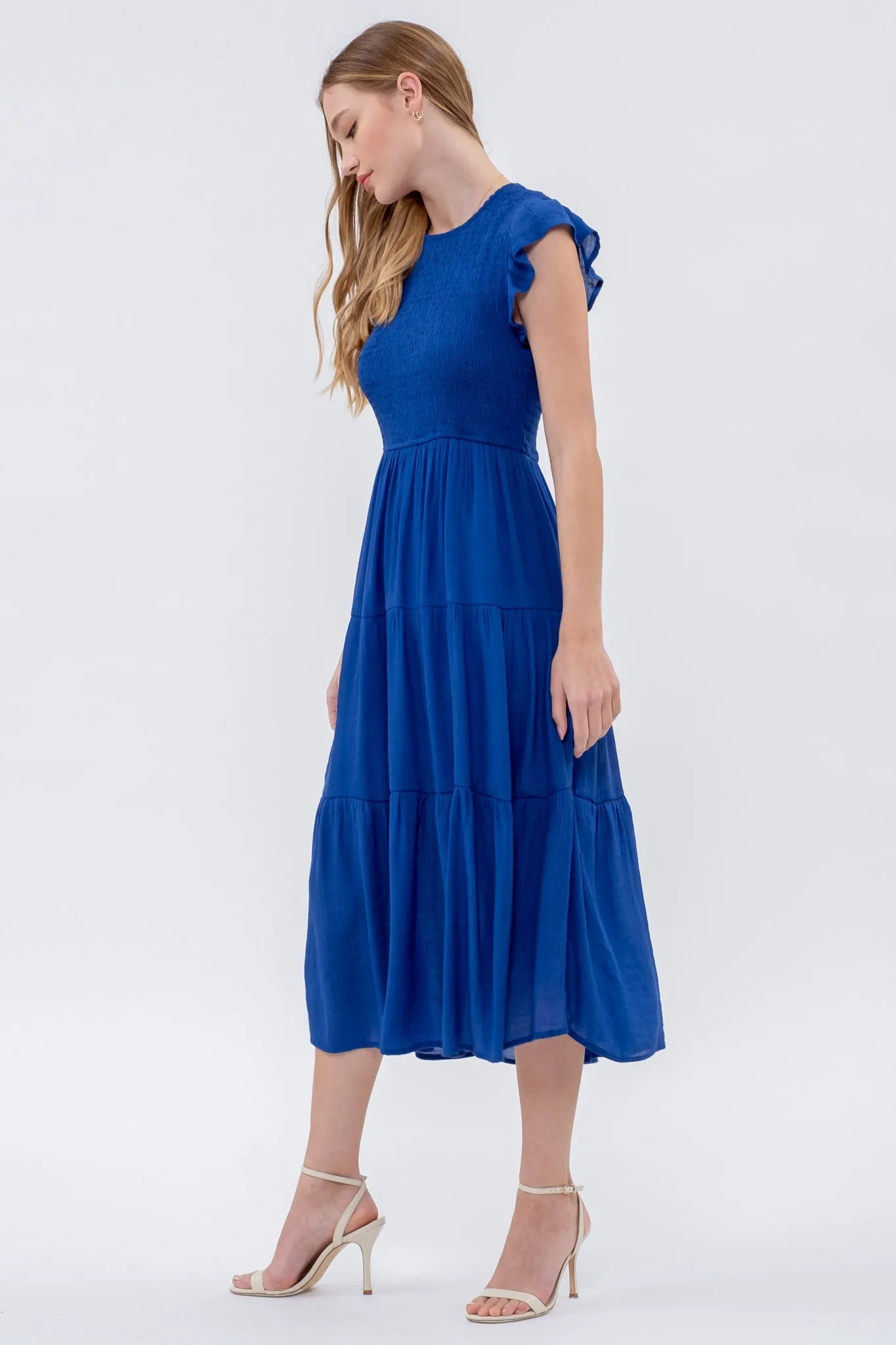 SMOCKED TIERED MIDI DRESS