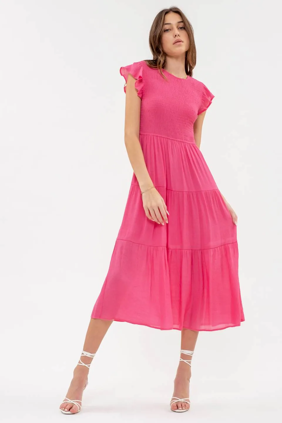 SMOCKED TIERED MIDI DRESS